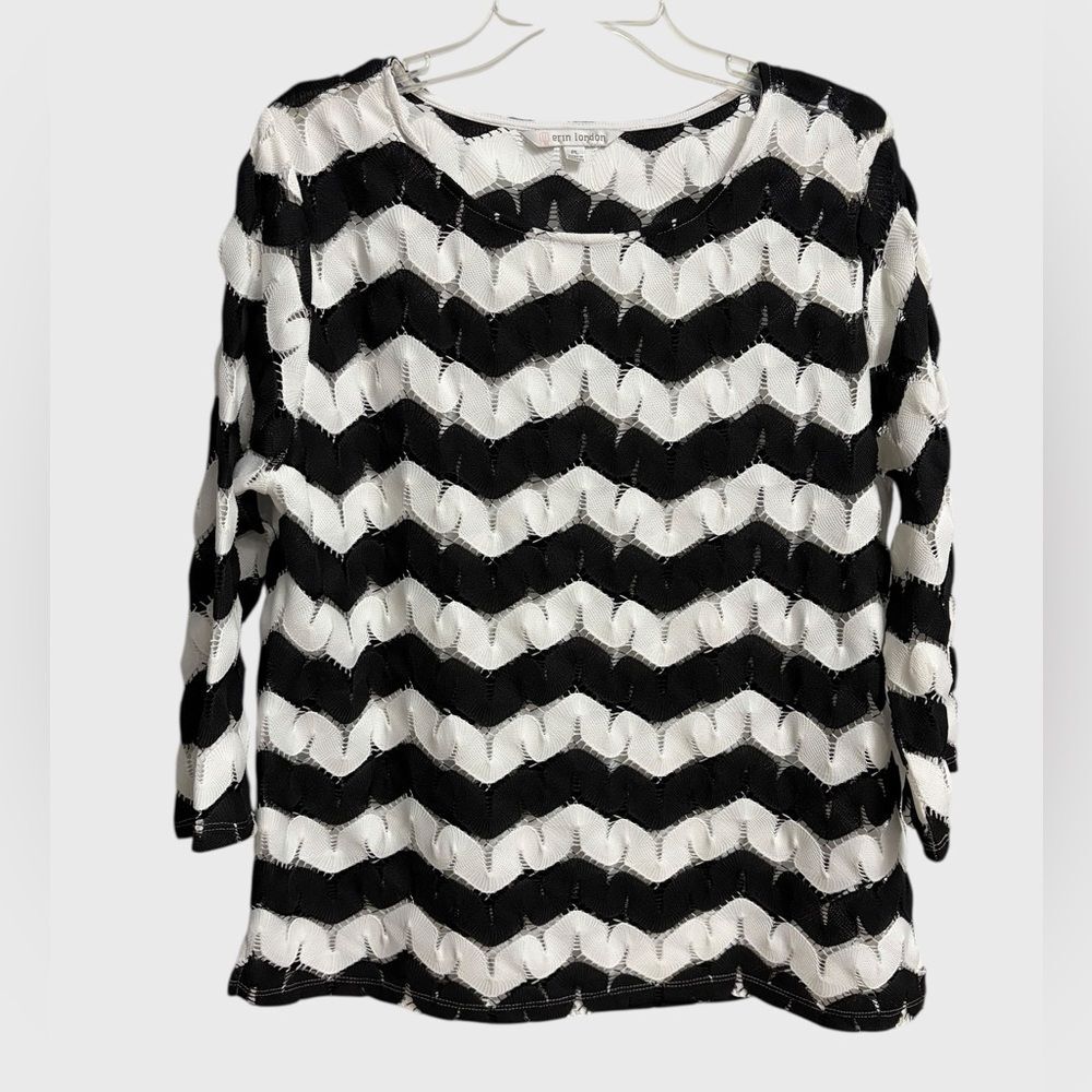 Erin London Women's Black White Open Knit Crochet Chevron Tunic Top LP Coastal